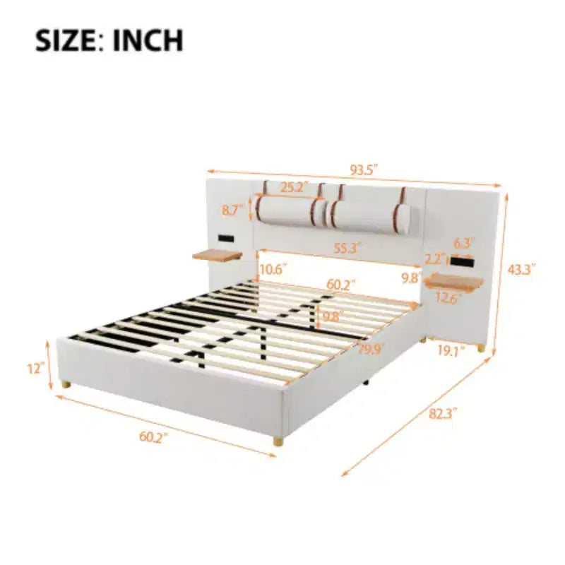 Queen-Size Velvet Upholstered Platform Bed with Dual Outlets, USB Charging Ports, Bedside Pillows, and Storage Shelves