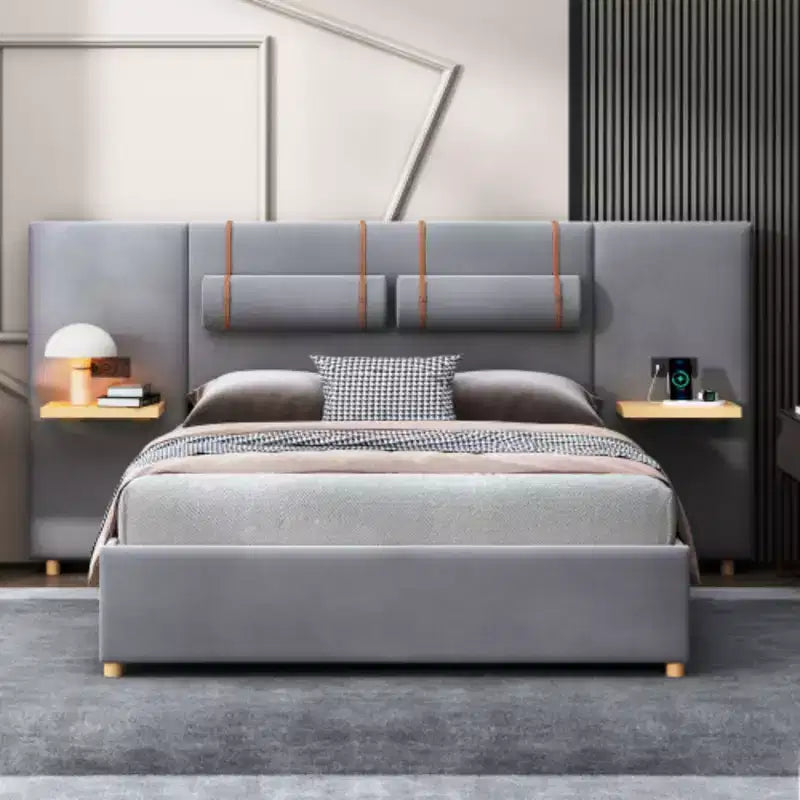 Queen-Size Velvet Upholstered Platform Bed with Dual Outlets, USB Charging Ports, Bedside Pillows, and Storage Shelves