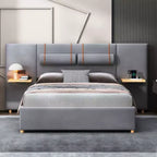 Queen-Size Velvet Upholstered Platform Bed with Dual Outlets, USB Charging Ports, Bedside Pillows, and Storage Shelves