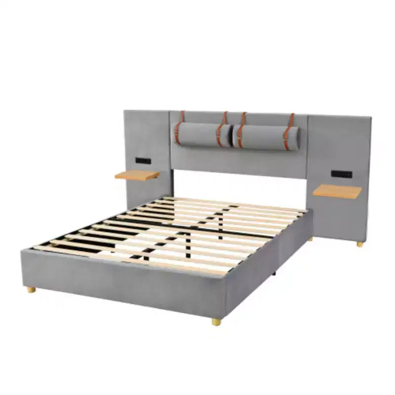 Queen-Size Velvet Upholstered Platform Bed with Dual Outlets, USB Charging Ports, Bedside Pillows, and Storage Shelves