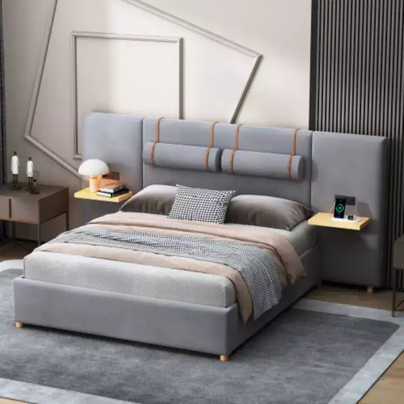 Queen-Size Velvet Upholstered Platform Bed with Dual Outlets, USB Charging Ports, Bedside Pillows, and Storage Shelves