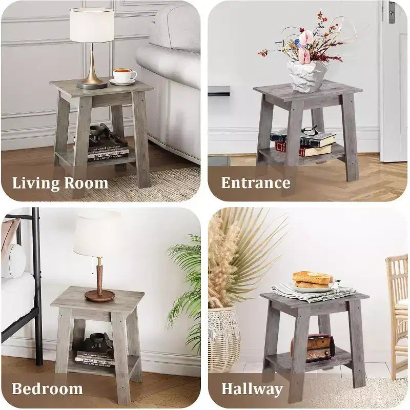 Farmhouse End Table  Rustic 2-Tier Side Table with Storage Shelf, Narrow Nightstand, Minimalist Accent Table for Living Room and Bedroom