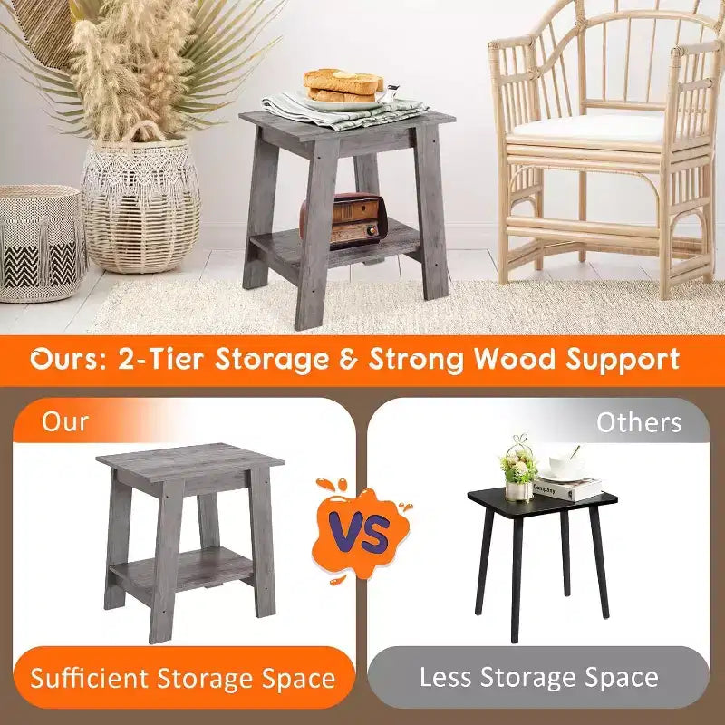 Farmhouse End Table  Rustic 2-Tier Side Table with Storage Shelf, Narrow Nightstand, Minimalist Accent Table for Living Room and Bedroom