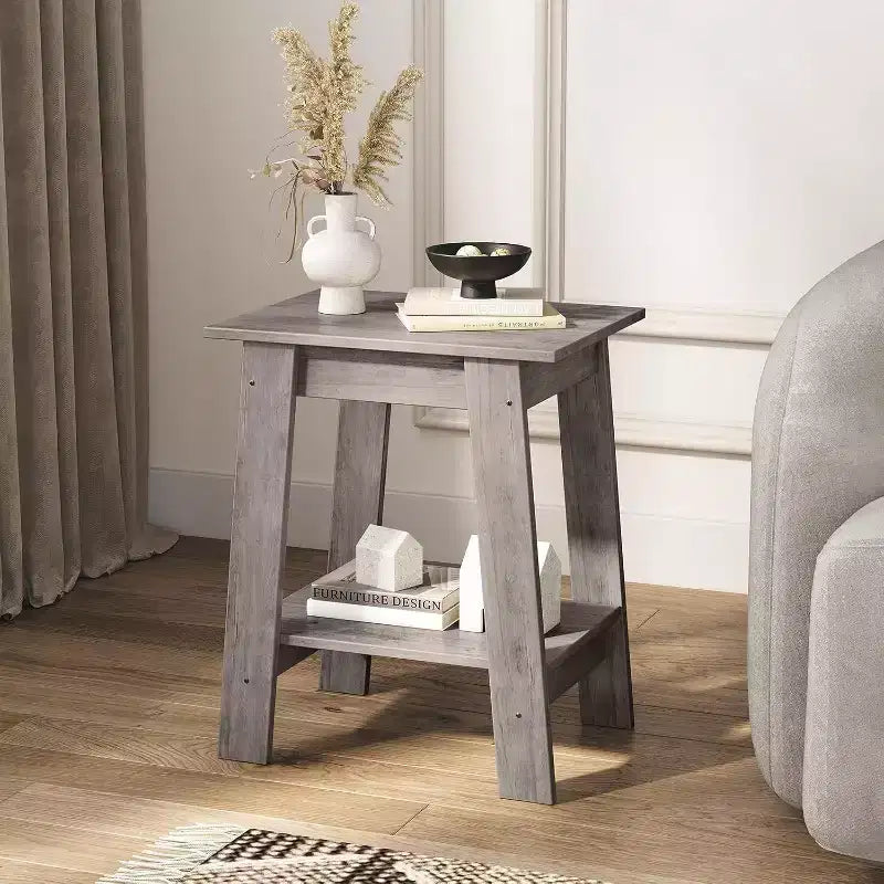 Farmhouse End Table  Rustic 2-Tier Side Table with Storage Shelf, Narrow Nightstand, Minimalist Accent Table for Living Room and Bedroom