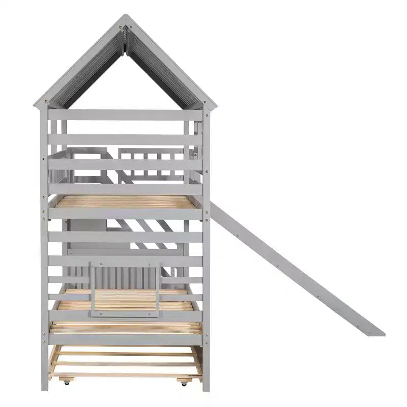Twin over Twin House Bunk Bed with Trundle and Slide, Storage Staircase, Roof and Window Design