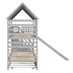 Twin over Twin House Bunk Bed with Trundle and Slide, Storage Staircase, Roof and Window Design