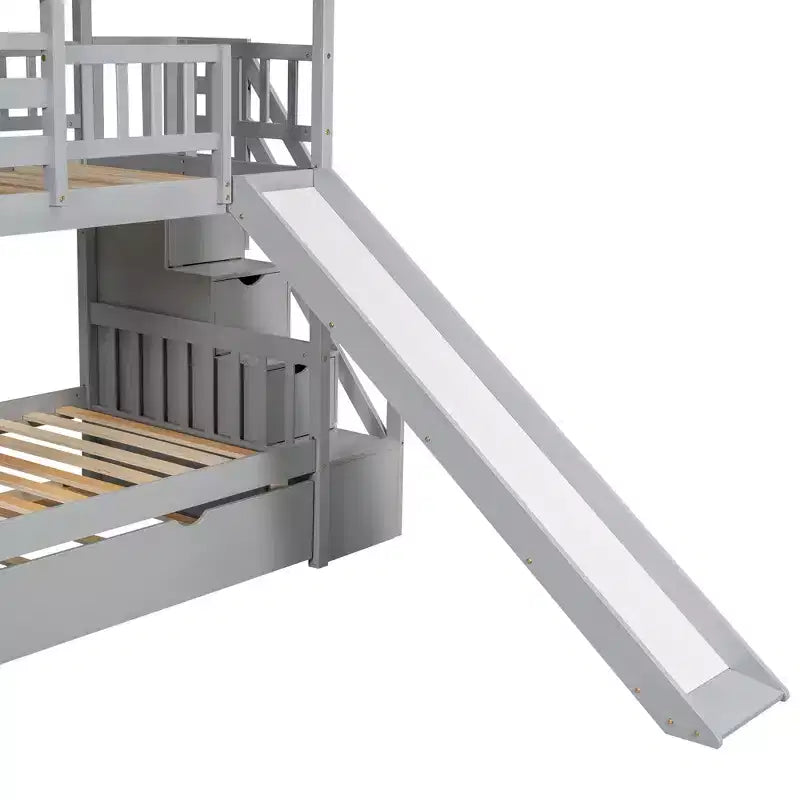 Twin over Twin House Bunk Bed with Trundle and Slide, Storage Staircase, Roof and Window Design