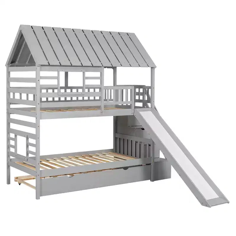 Twin over Twin House Bunk Bed with Trundle and Slide, Storage Staircase, Roof and Window Design