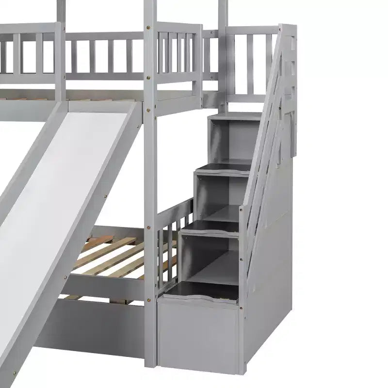 Twin over Twin House Bunk Bed with Trundle and Slide, Storage Staircase, Roof and Window Design