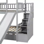 Twin over Twin House Bunk Bed with Trundle and Slide, Storage Staircase, Roof and Window Design