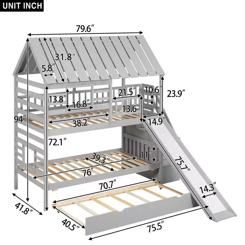 Twin over Twin House Bunk Bed with Trundle and Slide, Storage Staircase, Roof and Window Design