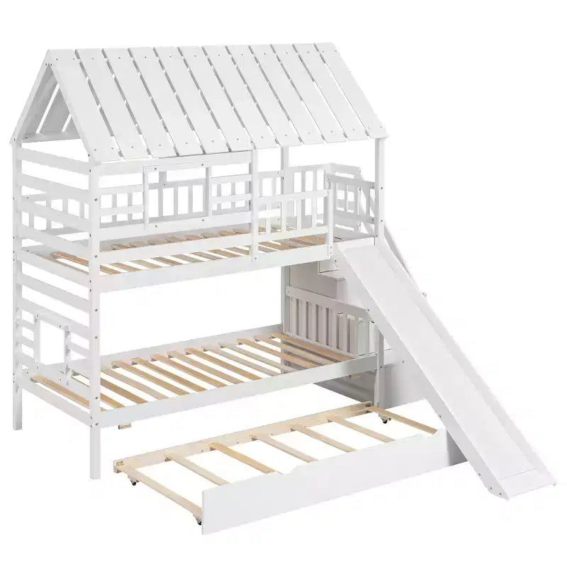 Twin over Twin House Bunk Bed with Trundle and Slide, Storage Staircase, Roof and Window Design