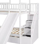 Twin over Twin House Bunk Bed with Trundle and Slide, Storage Staircase, Roof and Window Design