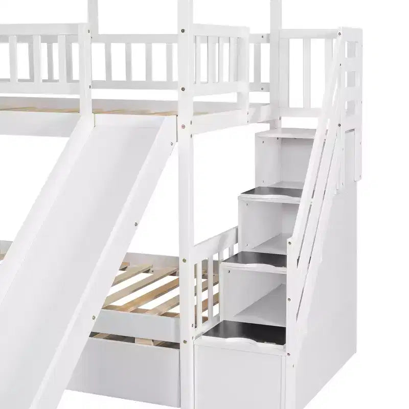 Twin over Twin House Bunk Bed with Trundle and Slide, Storage Staircase, Roof and Window Design