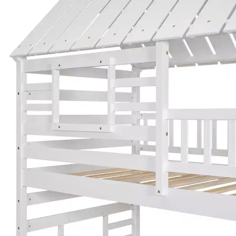 Twin over Twin House Bunk Bed with Trundle and Slide, Storage Staircase, Roof and Window Design
