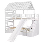Twin over Twin House Bunk Bed with Trundle and Slide, Storage Staircase, Roof and Window Design