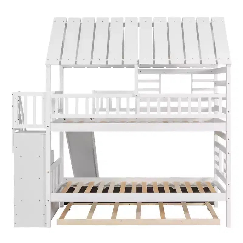 Twin over Twin House Bunk Bed with Trundle and Slide, Storage Staircase, Roof and Window Design