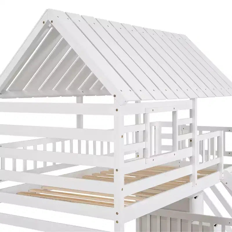 Twin over Twin House Bunk Bed with Trundle and Slide, Storage Staircase, Roof and Window Design