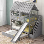 Twin over Twin House Bunk Bed with Trundle and Slide, Storage Staircase, Roof and Window Design