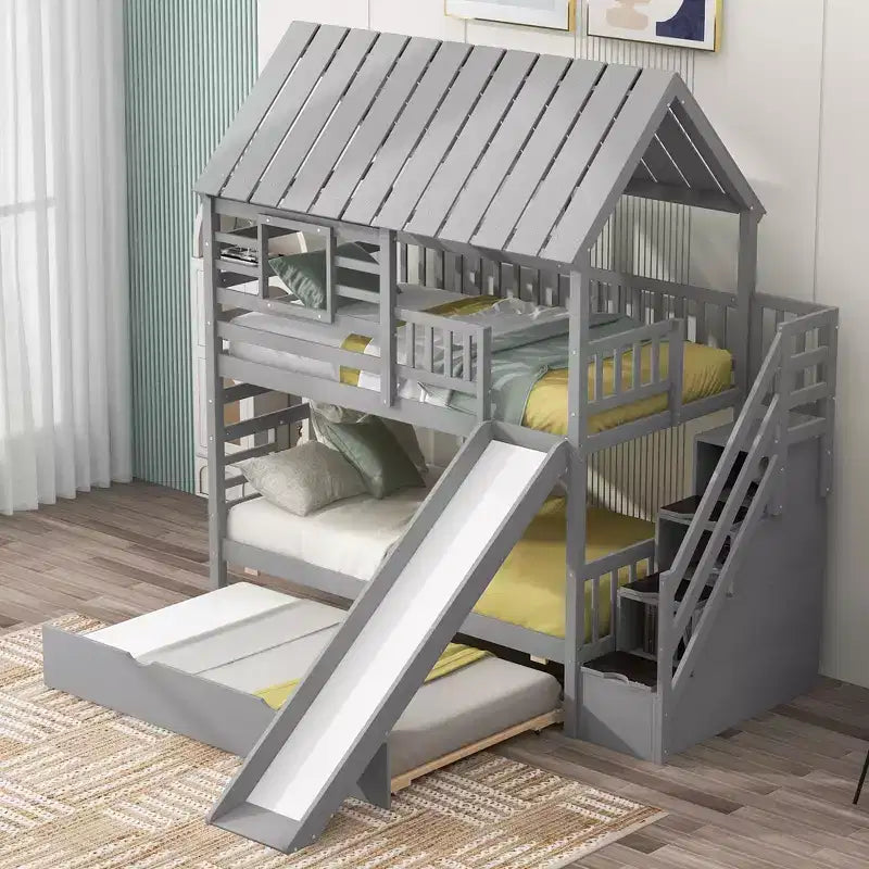 Twin over Twin House Bunk Bed with Trundle and Slide, Storage Staircase, Roof and Window Design