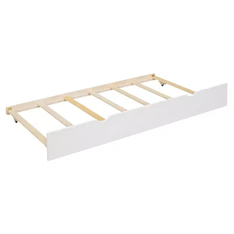 Twin over Twin House Bunk Bed with Trundle and Slide, Storage Staircase, Roof and Window Design