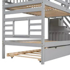 Twin over Twin House Bunk Bed with Trundle and Slide, Storage Staircase, Roof and Window Design