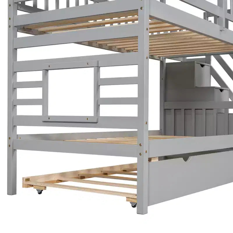 Twin over Twin House Bunk Bed with Trundle and Slide, Storage Staircase, Roof and Window Design