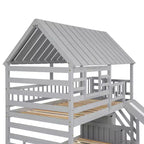 Twin over Twin House Bunk Bed with Trundle and Slide, Storage Staircase, Roof and Window Design