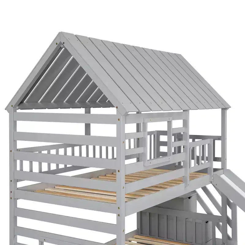 Twin over Twin House Bunk Bed with Trundle and Slide, Storage Staircase, Roof and Window Design