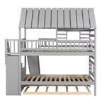 Twin over Twin House Bunk Bed with Trundle and Slide, Storage Staircase, Roof and Window Design