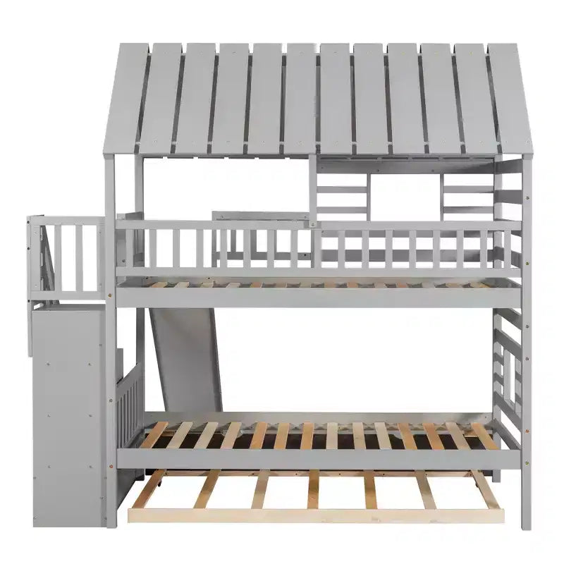 Twin over Twin House Bunk Bed with Trundle and Slide, Storage Staircase, Roof and Window Design