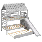 Twin over Twin House Bunk Bed with Trundle and Slide, Storage Staircase, Roof and Window Design