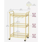 Bar Cart, Home Bar Serving Cart, Small Bar Cart with 3-Tier Shelf, Wine Holders, Glass Holders, Bar Cart, 15 x 23.6 x 36.2 Inches