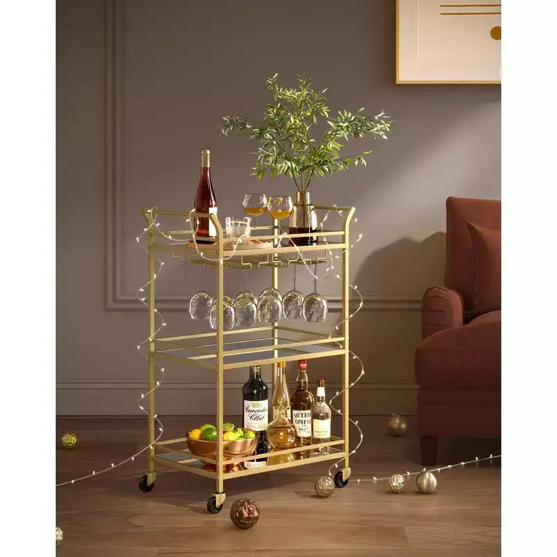 Bar Cart, Home Bar Serving Cart, Small Bar Cart with 3-Tier Shelf, Wine Holders, Glass Holders, Bar Cart, 15 x 23.6 x 36.2 Inches