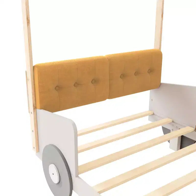 Wood Car Bed with Pillow, Ceiling Cloth and LED, Natural