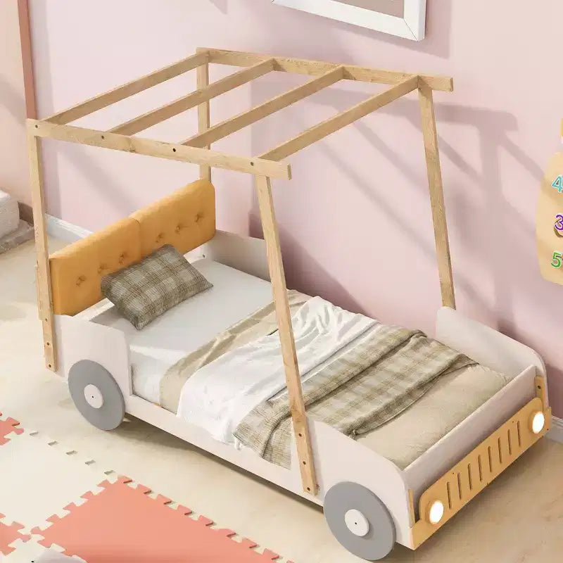 Wood Car Bed with Pillow, Ceiling Cloth and LED, Natural
