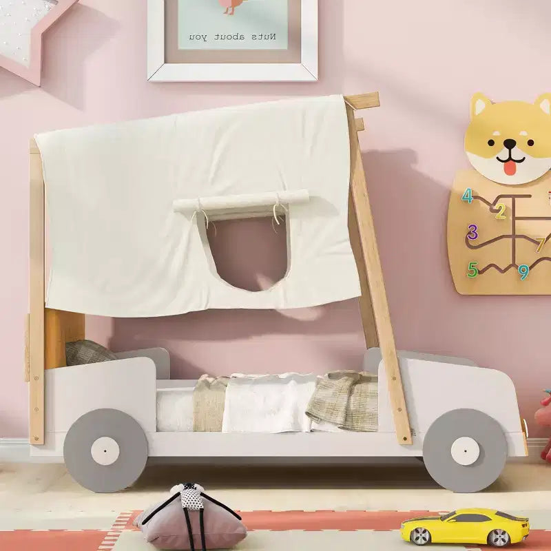 Wood Car Bed with Pillow, Ceiling Cloth and LED, Natural