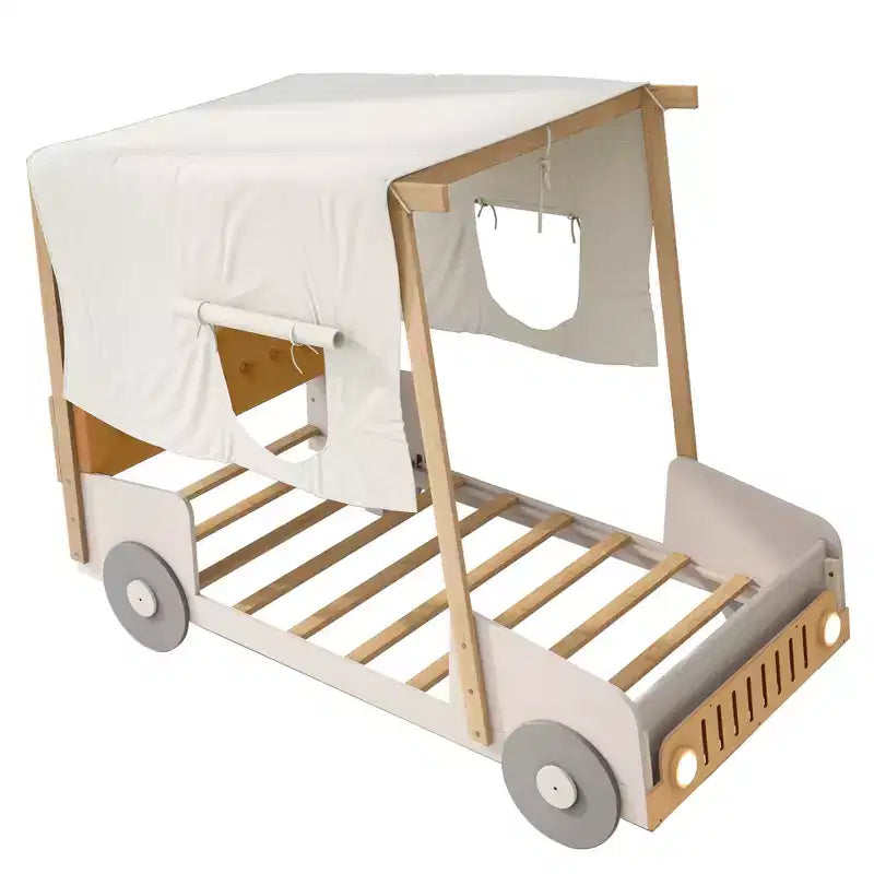 Wood Car Bed with Pillow, Ceiling Cloth and LED, Natural