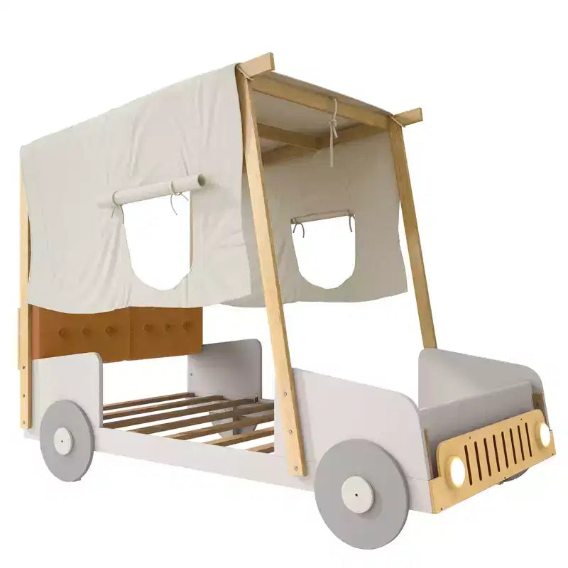 Wood Car Bed with Pillow, Ceiling Cloth and LED, Natural