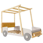 Wood Car Bed with Pillow, Ceiling Cloth and LED, Natural