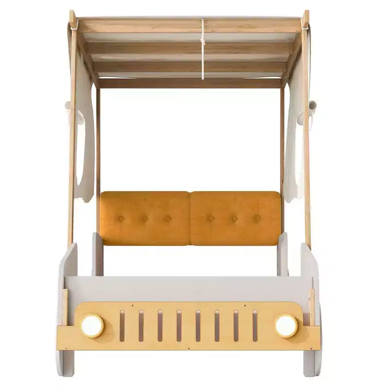 Wood Car Bed with Pillow, Ceiling Cloth and LED, Natural