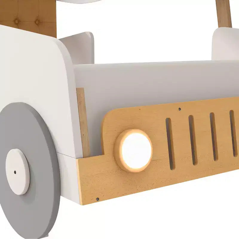 Wood Car Bed with Pillow, Ceiling Cloth and LED, Natural