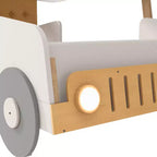 Wood Car Bed with Pillow, Ceiling Cloth and LED, Natural