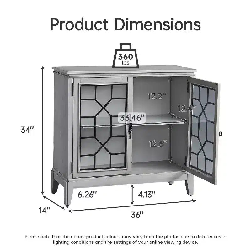 36" széles díszes szekrény 2 ajtóval, vintage stílusú tárolószekrény tömörfa lábakkal