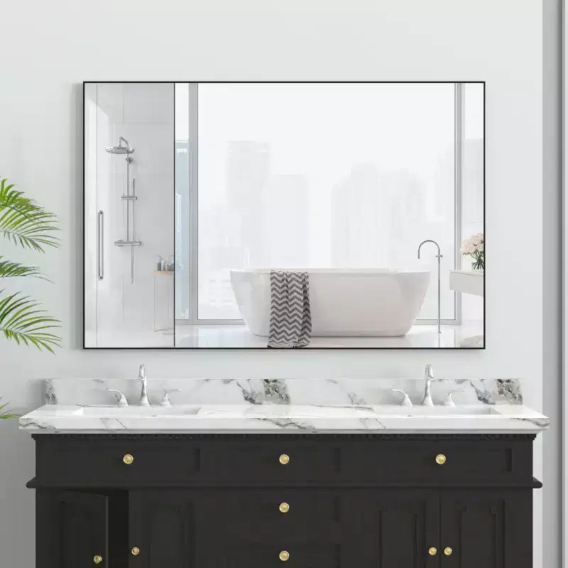 48x32 Modern Black Frame Bathroom Mirror: Oversized, Aluminum, Wall Mounted, Vertical/Horizontal