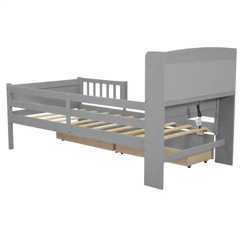Twin Size Wood Platform Bed with Built-in LED Light, Multi-functional Headboard, Guardrail and Drawers