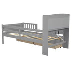 Twin Size Wood Platform Bed with Built-in LED Light, Multi-functional Headboard, Guardrail and Drawers