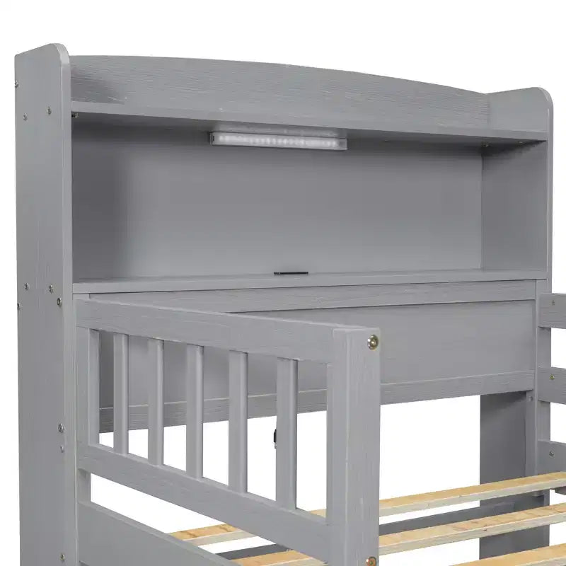 Twin Size Wood Platform Bed with Built-in LED Light, Multi-functional Headboard, Guardrail and Drawers