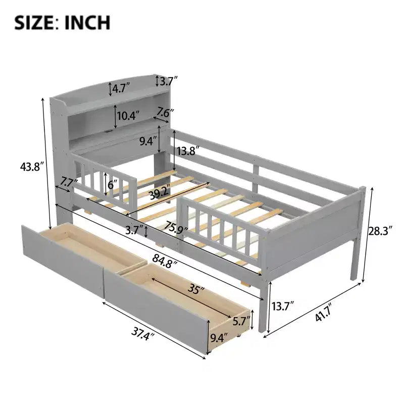 Twin Size Wood Platform Bed with Built-in LED Light, Multi-functional Headboard, Guardrail and Drawers