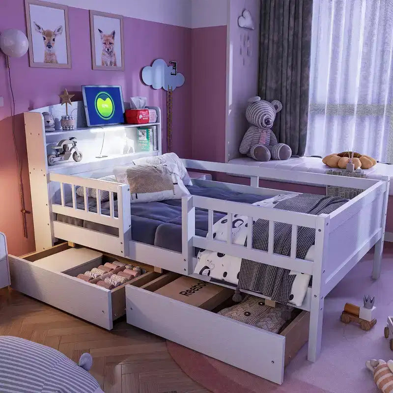 Twin Size Wood Platform Bed with Built-in LED Light, Multi-functional Headboard, Guardrail and Drawers
